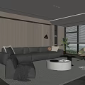 Modern Living Room Interior With Grey Sofa Round Coffee Table And Floor to Ceiling Windows