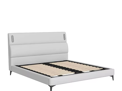 Modern Double Bed With Gray Upholstered Headboard Decorative Buttons Wooden Slats And Metal Legs 3d model