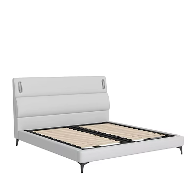 Modern Double Bed With Gray Upholstered Headboard Decorative Buttons Wooden Slats And Metal Legs 3d model