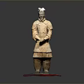 Ancient Terracotta Warrior Sculpture With Detailed Carving And Standing Pose On Display Base