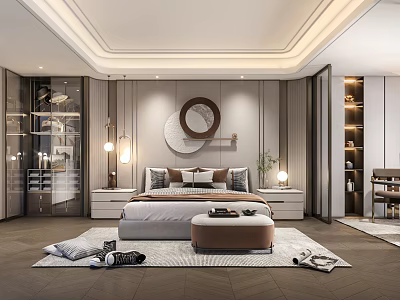 Elegant Modern Bedroom Interior With Bedside Tables Round Mirror Pendant Lights And Soft Rug 3d model
