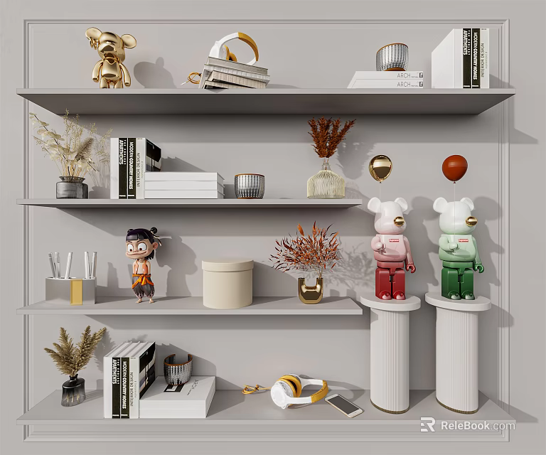 Modern Decorative Ornament Collection With Shelf Display Books Robots Sculptures And Dried Plants 3d model 