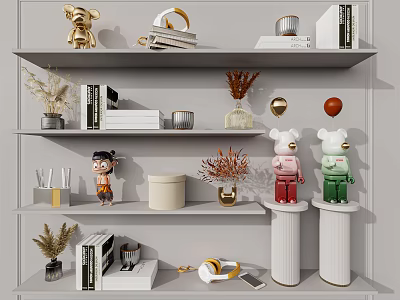 Modern Decorative Ornament Collection With Shelf Display Books Robots Sculptures And Dried Plants 3d model
