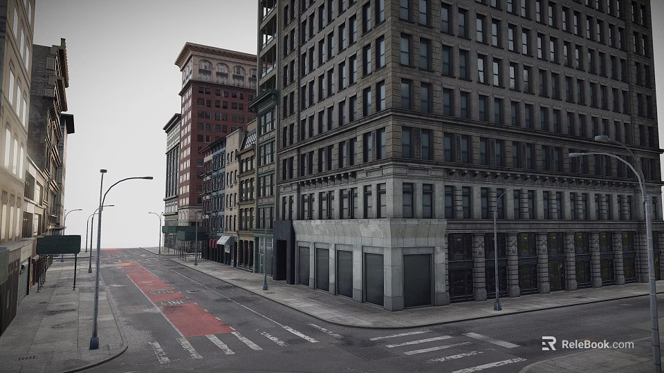 Downtown Commercial Street Featuring Classical Red Buildings Gray Storefronts Street Lamps and Crosswalks 3d model 