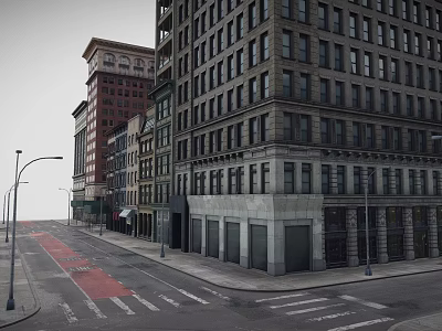 Downtown Commercial Street Featuring Classical Red Buildings Gray Storefronts Street Lamps and Crosswalks 3d model