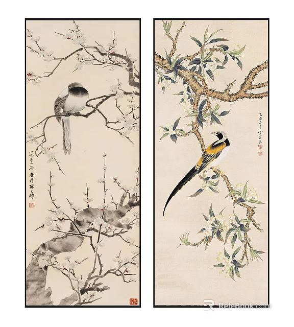 Traditional Chinese Painting Artwork With Birds Perched On Flowering Branches And Calligraphy 3d model 