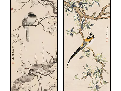 Traditional Chinese Painting Artwork With Birds Perched On Flowering Branches And Calligraphy 3d model