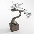 Artistic Bonsai Plant With Curved Trunk And Pine Needle Like Leaves On Wooden Base