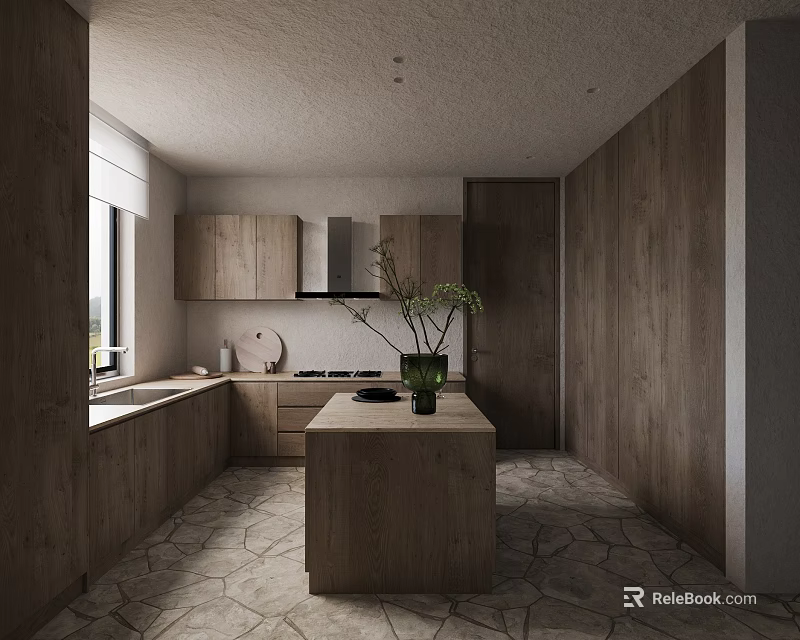 Modern Kitchen Interior With Wooden Cabinets Central Island Green Plant And Stone Floor 3d model 