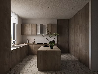 Modern Kitchen Interior With Wooden Cabinets Central Island Green Plant And Stone Floor 3d model