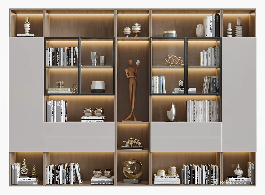 Stylish Modern Bookcase Interior With Organized Books Decorative Items And Lighting 3d model 