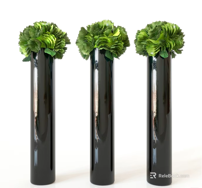 Three Black Vase Decorative Ornament Set With Green Floral Arrangements For Home Interior Decoration 3d model 