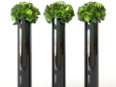 Three Black Vase Decorative Ornament Set With Green Floral Arrangements For Home Interior Decoration 3d model