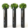 Three Black Vase Decorative Ornament Set With Green Floral Arrangements For Home Interior Decoration