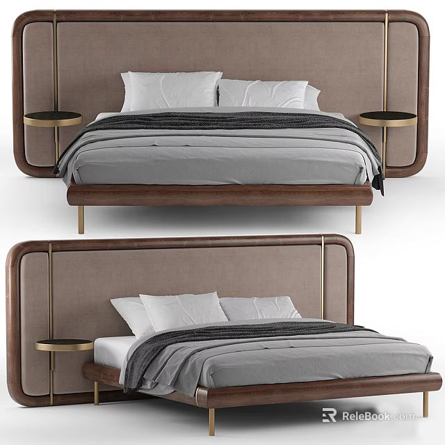 Modern Double Bed With Upholstered Headboard Wooden Frame Brass Accents Gray Bedding And Side Nightstands 3d model 