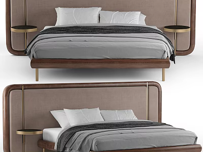 Modern Double Bed With Upholstered Headboard Wooden Frame Brass Accents Gray Bedding And Side Nightstands 3d model