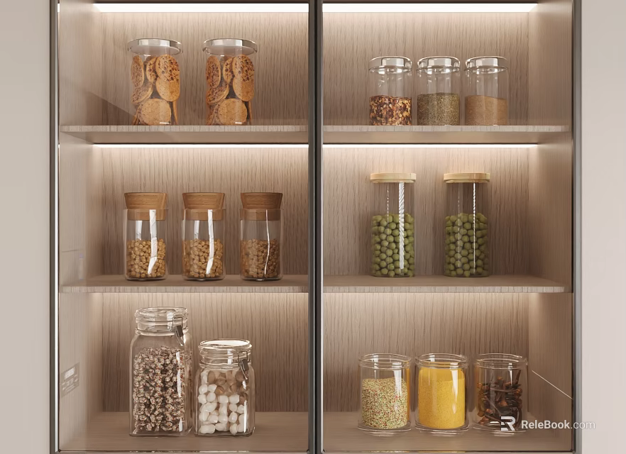 Glass Spice Jars With Wooden Lids In Organized Modern Kitchen Cabinet Storage 3d model 