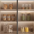 Glass Spice Jars With Wooden Lids In Organized Modern Kitchen Cabinet Storage