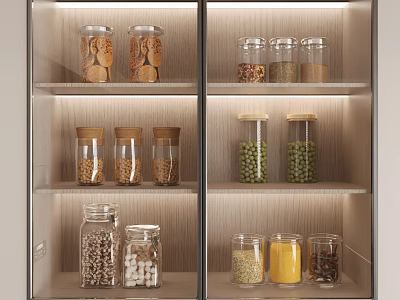Glass Spice Jars With Wooden Lids In Organized Modern Kitchen Cabinet Storage 3d model