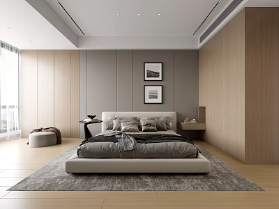 Modern Bedroom Interior With Wooden Walls Gray Headboard Framed Artworks And Bright Lighting 3d model