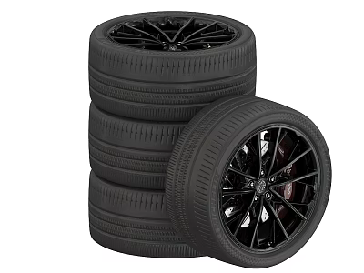 High Quality Stacked Car Tires with Black Alloy Wheels and Tread Design 3d model