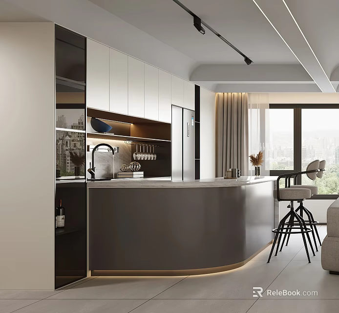 Modern Bar Area With Cabinets Lighting And Bar Stools 3d model