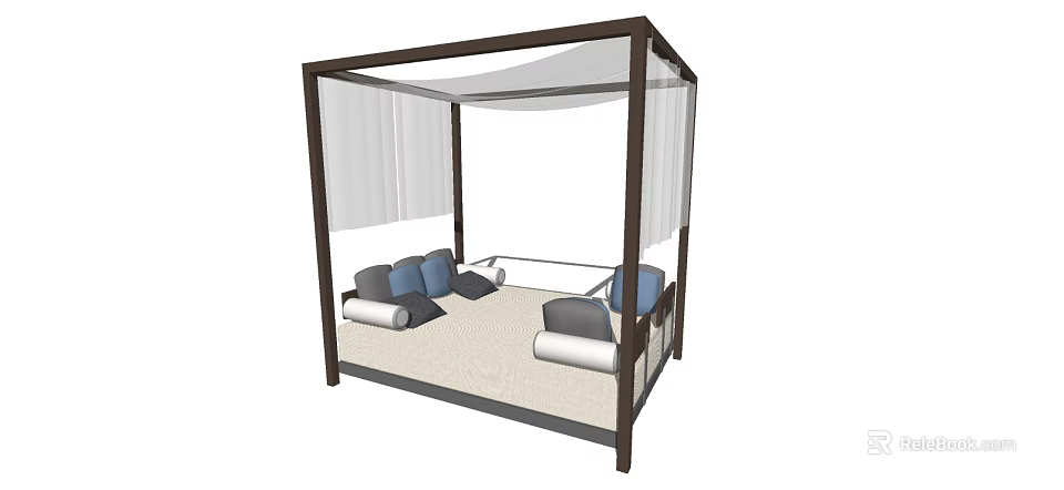Stylish Outdoor Sofa With Canopy Frame White Curtains And Gray Blue Cushions 3d model 
