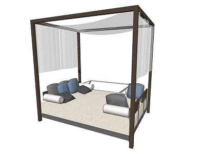 Stylish Outdoor Sofa With Canopy Frame White Curtains And Gray Blue Cushions 3d model
