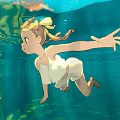 Woman Floating Underwater In White Outfit With Blonde Hair Ponytail And Water Ripples Light Rays