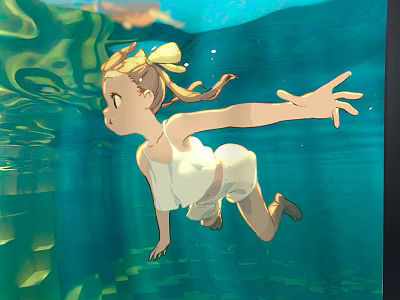 Woman Floating Underwater In White Outfit With Blonde Hair Ponytail And Water Ripples Light Rays 3d model