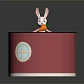 Red Decorative Cylinder with Black Top White Rabbit Holding Carrot and Side Blue Cross Window