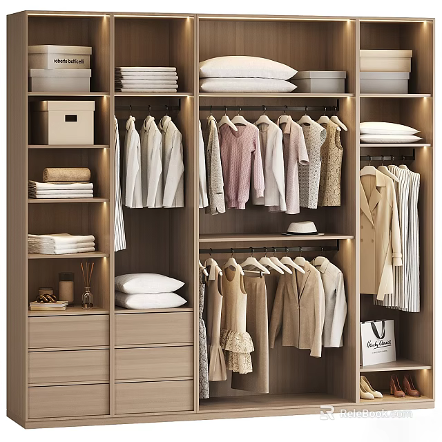 Modern Light Wood Closet Interior With Hanging Folded Clothes Drawers And Storage Boxes 3d model 