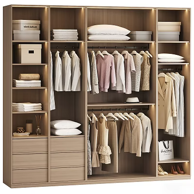Modern Light Wood Closet Interior With Hanging Folded Clothes Drawers And Storage Boxes 3d model