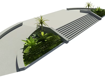 Road Infrastructure With Gray Pavement Steps Green Plants And Palm Trees 3d model