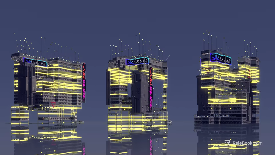 Future Architecture Design With Illuminated Lines Neon Signs And Water Reflections 3d model 