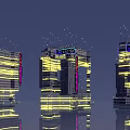 Future Architecture Design With Illuminated Lines Neon Signs And Water Reflections
