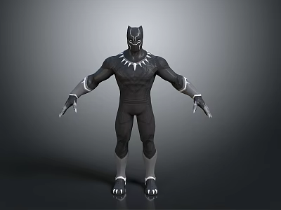 3D Model of Black Panther Character in Black Suit With White Details and Standing Pose 3d model
