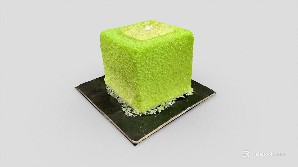 Green Cube Shaped Cake on Black Square Plate with Yellow Topping and Crumbs 3d model 