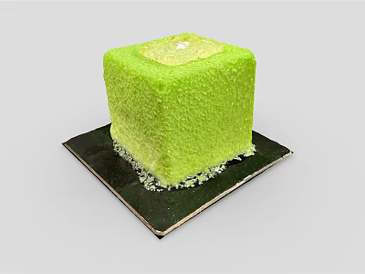 Green Cube Shaped Cake on Black Square Plate with Yellow Topping and Crumbs 3d model