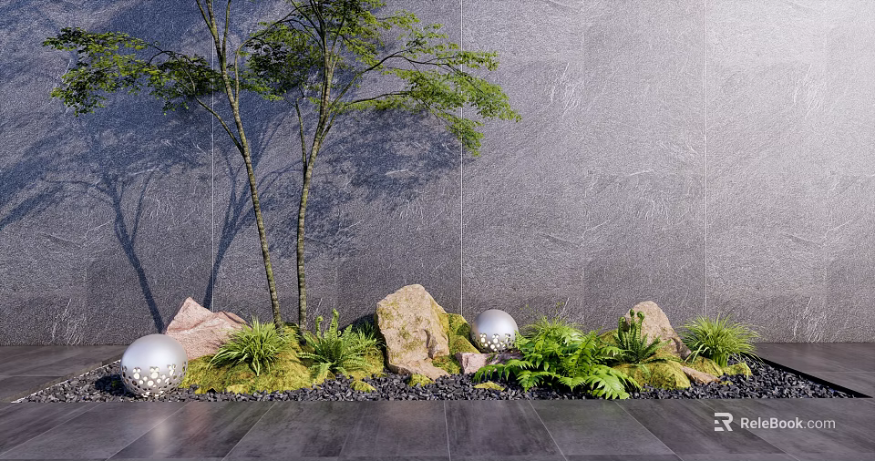 Courtyard Garden Design With Gray Wall Green Plants Rocks And Spherical Decorations 3d model 