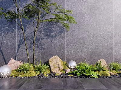 Courtyard Garden Design With Gray Wall Green Plants Rocks And Spherical Decorations 3d model