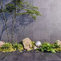 Courtyard Garden Design With Gray Wall Green Plants Rocks And Spherical Decorations