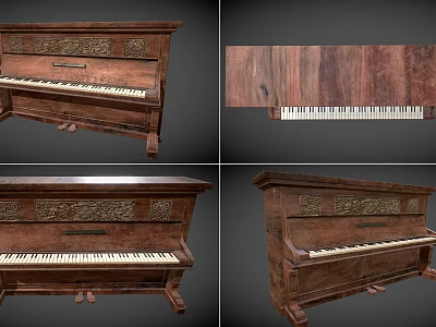 Vintage Wooden Musical Instrument Piano with Classical Carved Details and White Keyboard Design 3d model