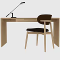 Modern Minimalist Wooden Desk With Dark Seat Chair And Black Arm Table Lamp