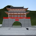 Traditional Chinese Ancient Architecture With Classic Roof Red Railings Stone Archway And Mountain Background