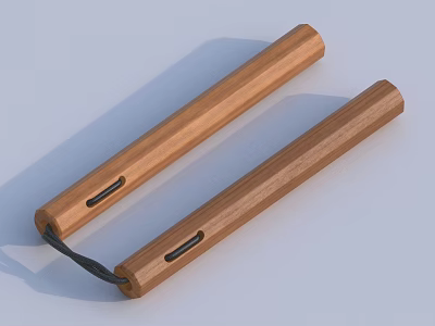 Wooden Nunchucks Weapon Connected by Black Rope With Wood Grain And Holes 3d model