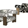 Stylish Leisure Chairs With Black And White Patterned Fabric And Wooden Armrests