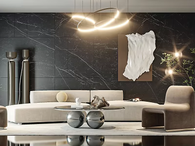 Modern Beige Sofa And Coffee Table Set With Metal Base In Black Marble Living Room 3d model