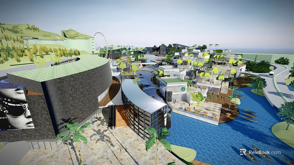 Modern Commercial Street With Waterway Palm Trees Ferris Wheel Shops And Open Spaces 3d model 