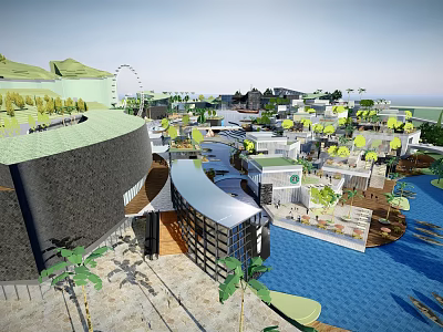 Modern Commercial Street With Waterway Palm Trees Ferris Wheel Shops And Open Spaces 3d model